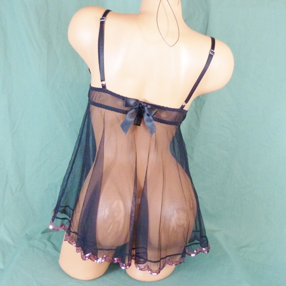 Victorias Secret 34C Medium Black Baby Doll Lingerie Sequin Bling - Picture 5 of 8